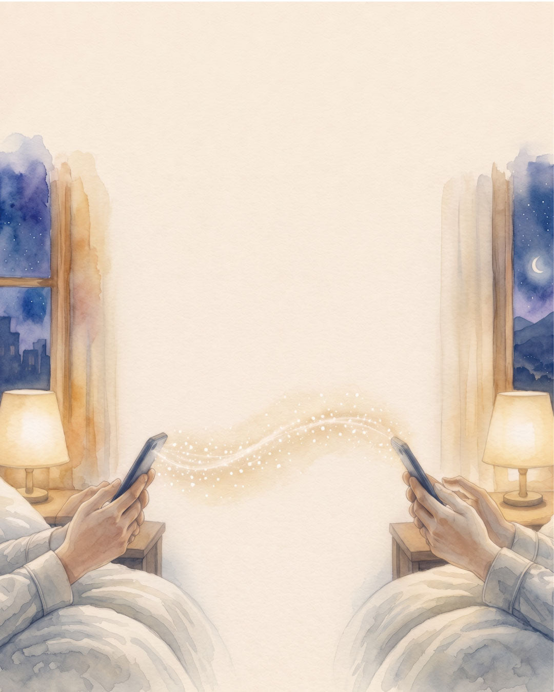 離れた場所からスマートフォンで眠りを気づかう二人の水彩画